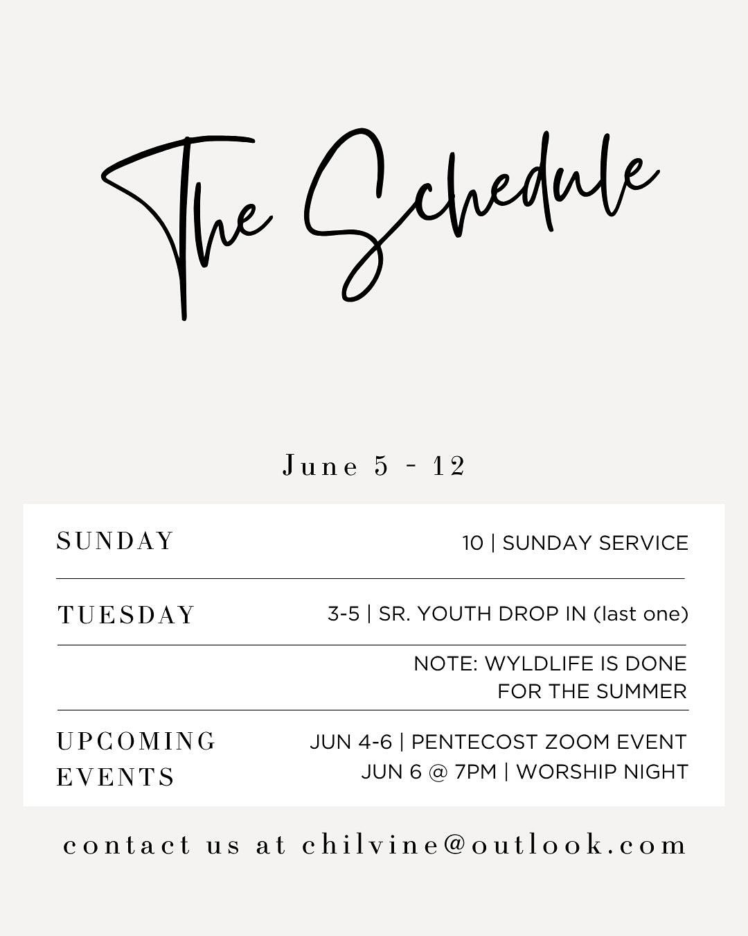 Reminder! This Friday night, June 6 at 7 PM, we are hosting a worship night centred around Pentecost. It will be a living room style Holy Spirit, soaking evening of seeking the Lord.

Join us this Sunday at 9:30 for coffee and time to visit before ou