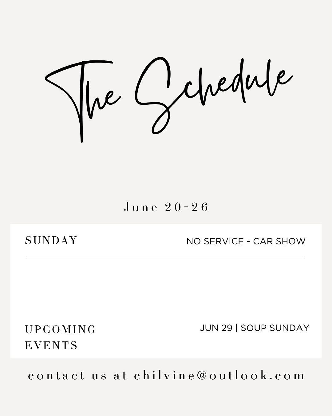 Reminder: There will be no service this Sunday as it&rsquo;s the car show and the downtown will be all blocked off. Our church will be opening our doors to the community for use of our restrooms and handing out ice cream treats to keep people cool. 

