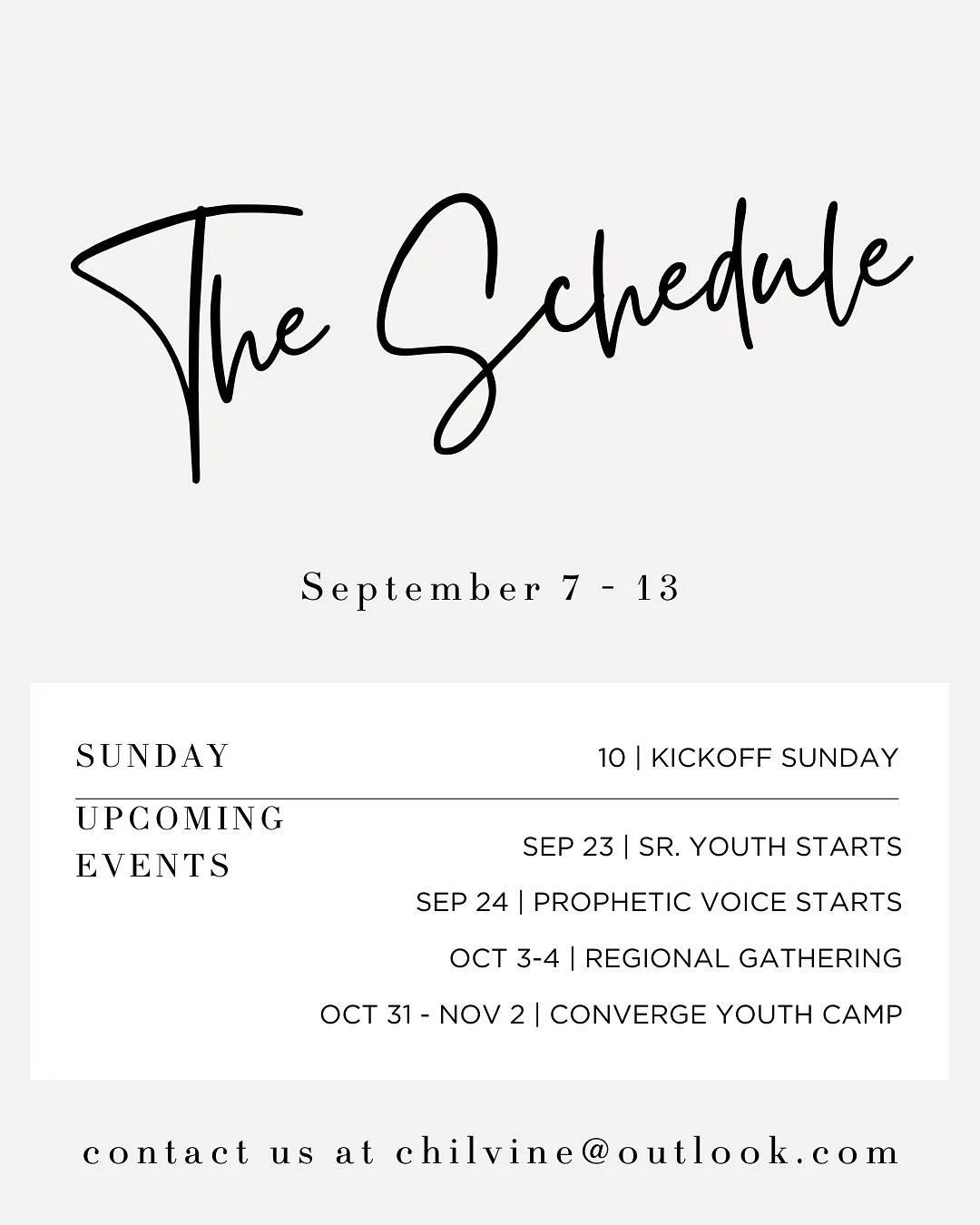 Join us this Sunday at 9:30 for coffee and time to visit. Kickoff Sunday starts at 10 where we&rsquo;ll be learning about all the things starting up this fall and the year ahead. 

Mark your calendars: 
Senior youth, Tuesdays from 630 till 830, start