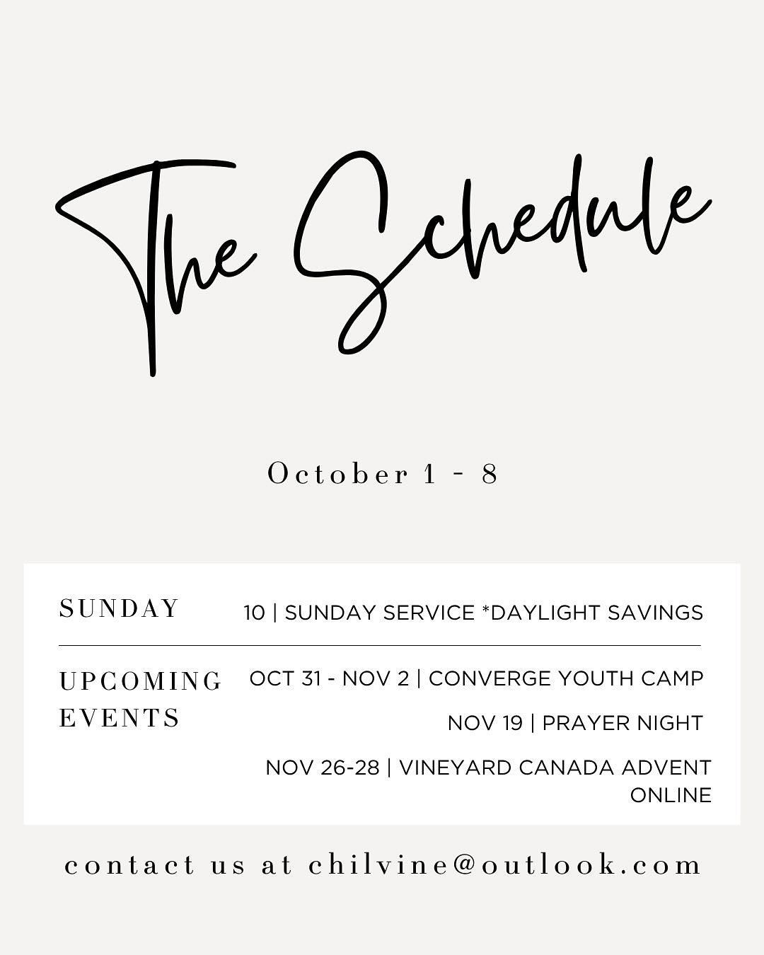 REMINDER: THIS SATURDAY NIGHT, SET YOUR CLOCKS ONE HOUR BACK!! 

Also, for our youth: CONVERGE STARTS FRIDAY NIGHT!!!

Join us this Sunday at 9:30 for coffee and time to visit. Our service starts at 10 and Megan will be sharing episode 6 of our Faith