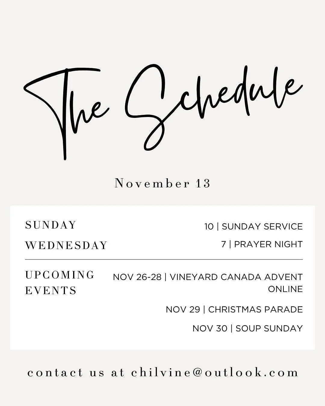 Join us this Sunday at 9:30 for coffee and time to visit. Our service starts at 10 and Megan will be sharing episode 8 of our Faith is Rest series.

This Wednesday Night (Nov 19) join us at 7 for a night of prayer.

Mark your calendars:

Nov 26 - 28 