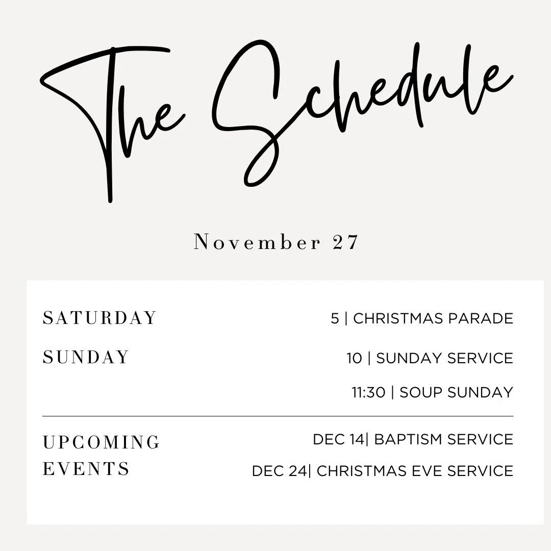 THIS Saturday is the annual Chilliwack Christmas parade, and our doors will open to the community at 5. See you there!

Join us this Sunday at 9:30 for coffee and time to visit. Our service starts at 10 and Megan will be sharing on the first Advent: 