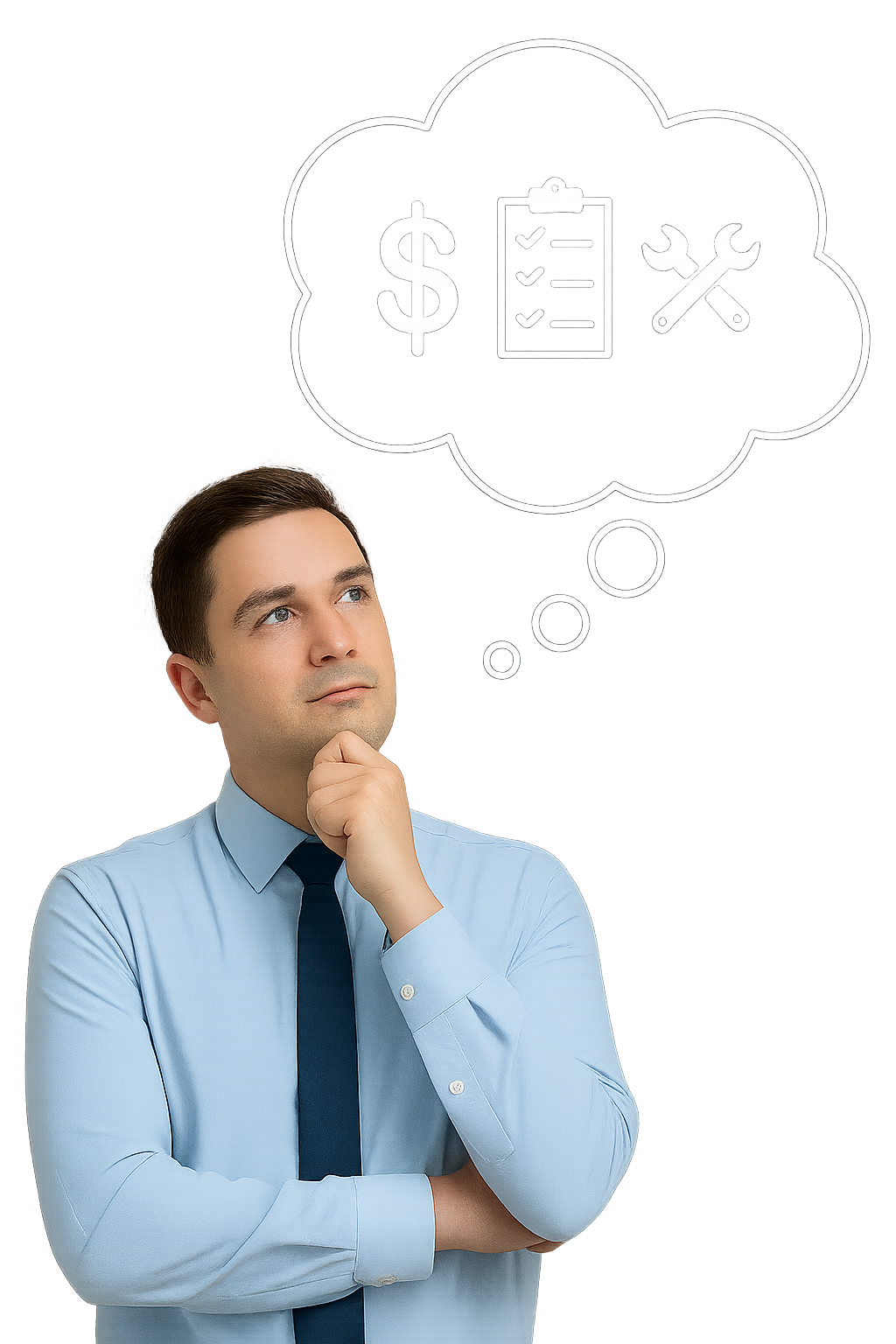A man in a light blue shirt and dark tie thinking with a cloud thought bubble above his head, containing icons of a dollar sign, a clipboard with checkmarks, and tools like a wrench and screwdriver, representing financial planning or decision making.