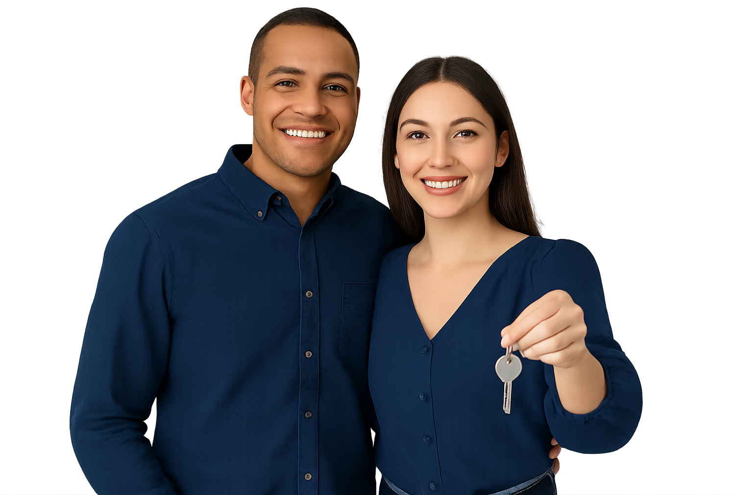 Two property management clients, dressed in blue, holding a key