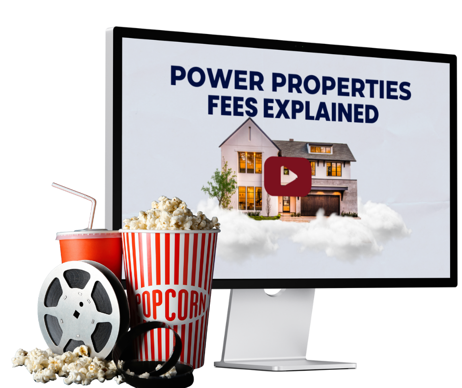 A monitor screen displaying a presentation titled 'Power Properties Fees Explained' with a house image and a YouTube play button icon. In front of the monitor, there are movie-related items including a red cup with a straw, a bucket of popcorn, a film reel, and popcorn scattered around.