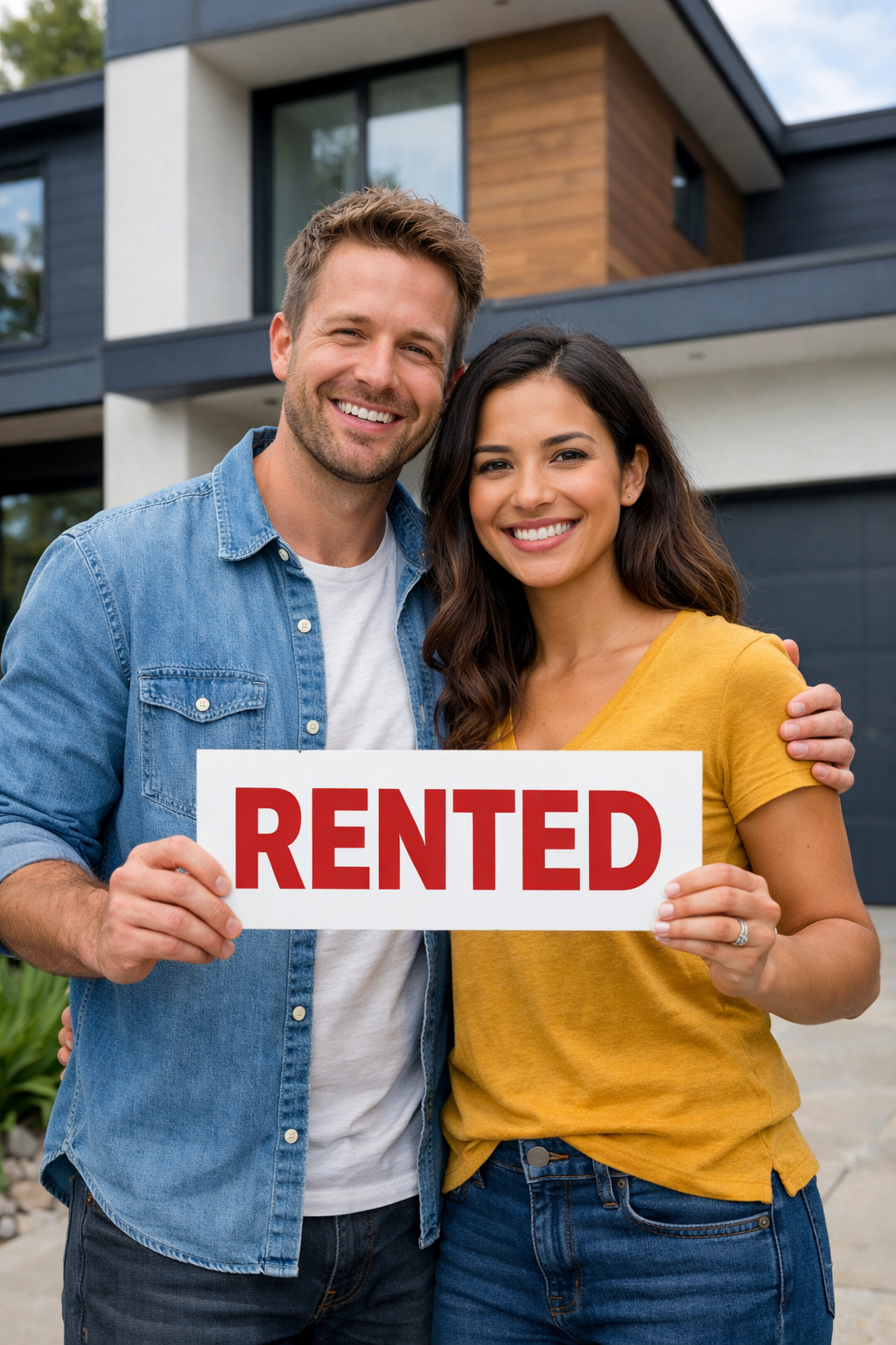 A couple standing in front of their rental property holding a sign that reads "rented", managed by Power Properties