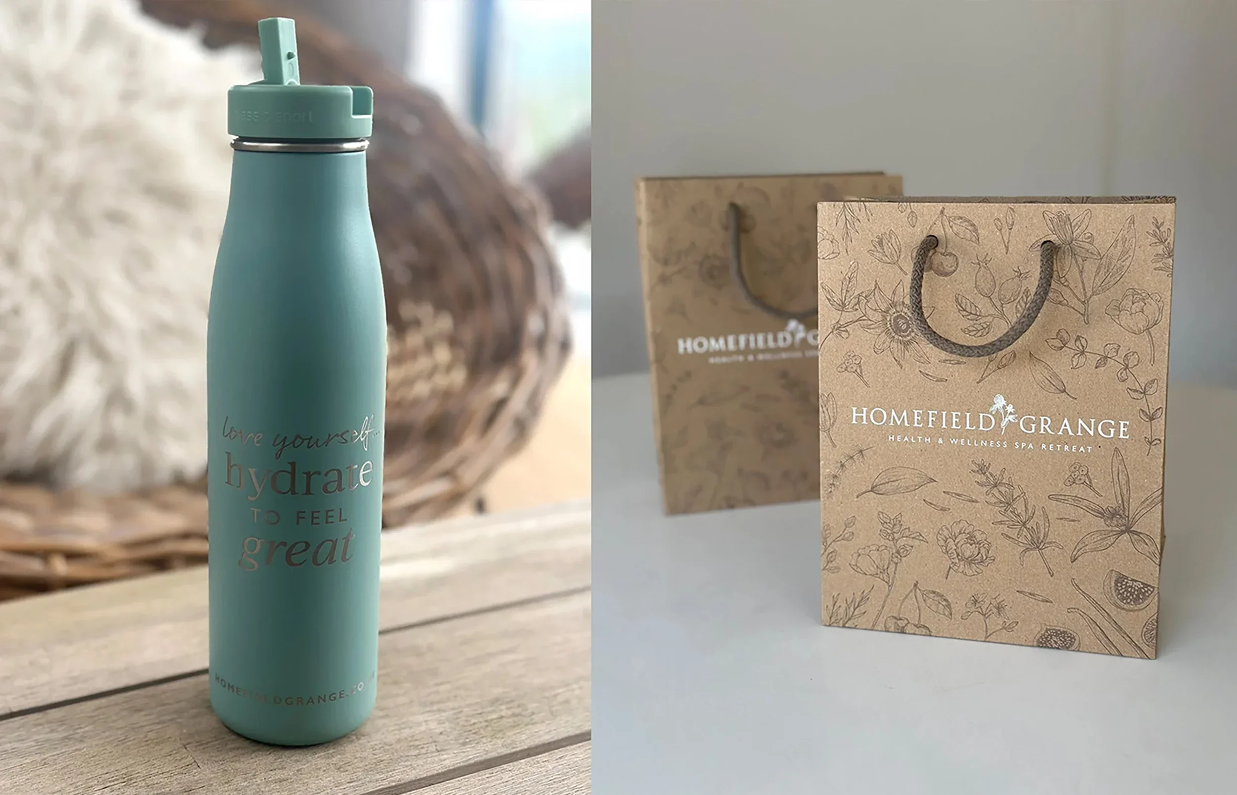 Homefield Grange branded water bottle and illustrated packaging, extending the wellness brand across physical guest touchpoints.