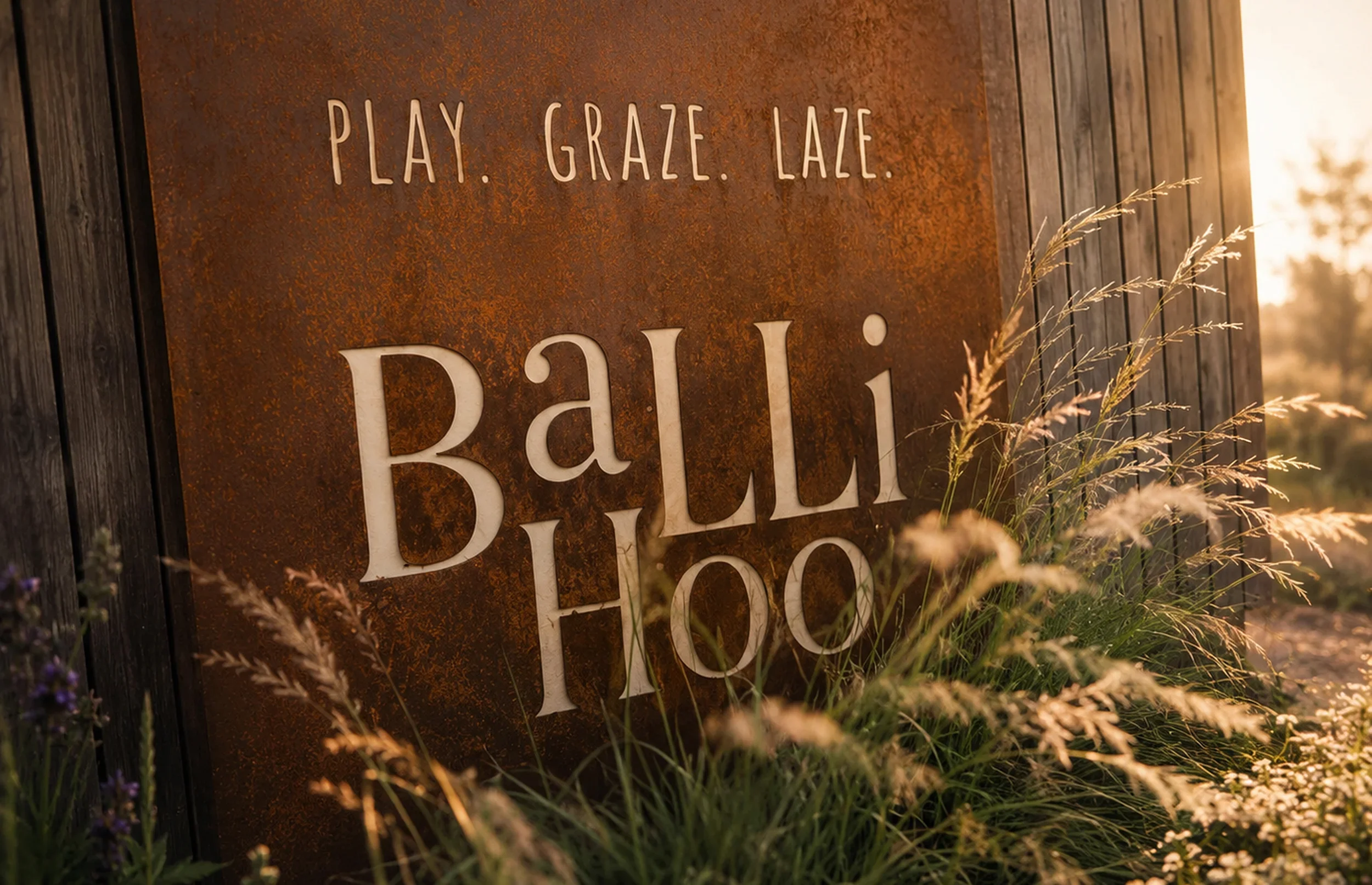 Ballihoo signage at Lower Mill Estate featuring the ‘Play. Graze. Laze.’ brand message.