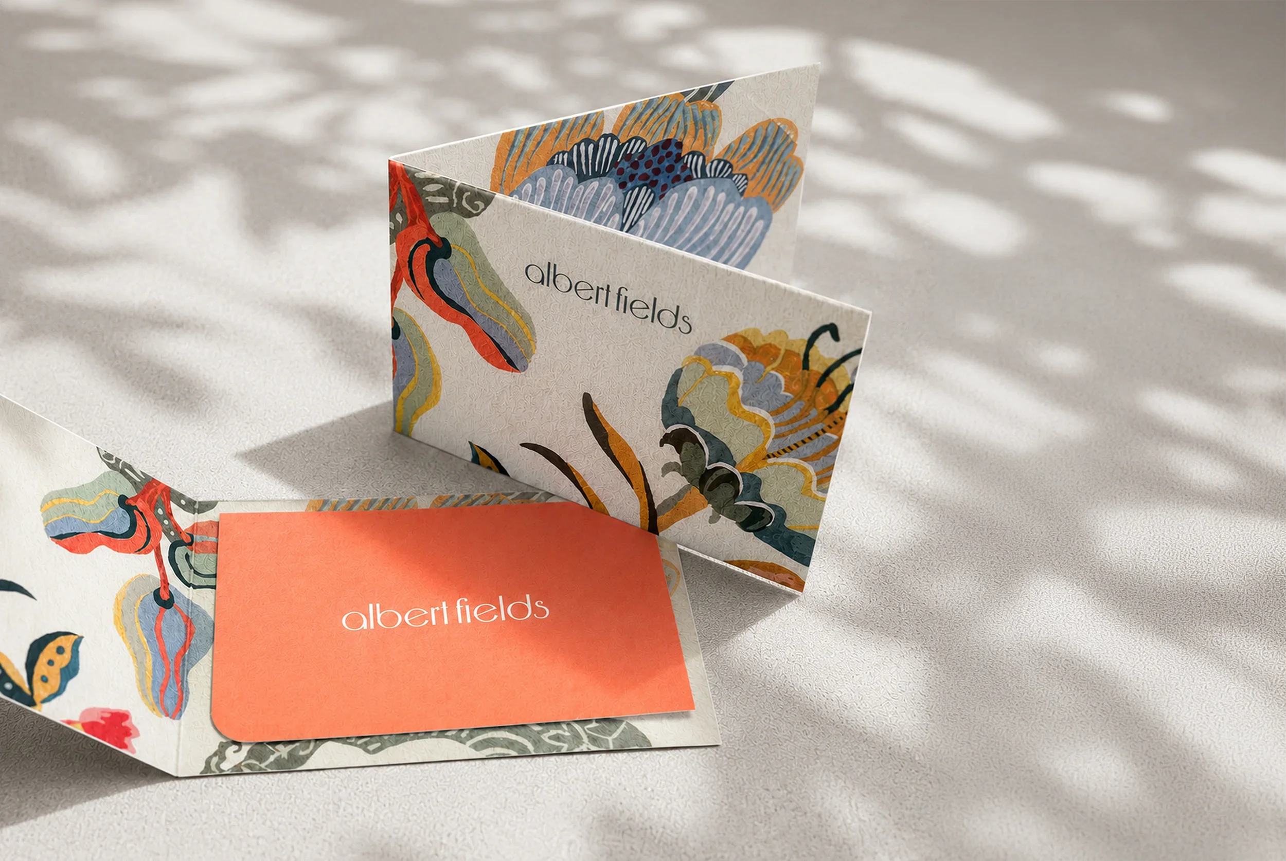 Albert Fields gift card featuring expressive botanical illustrations.