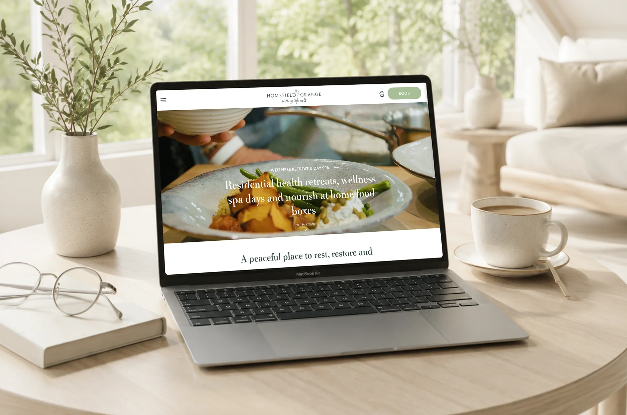 Homefield Grange wellness retreat and day spa website displayed on a laptop, showcasing the refreshed digital brand experience.