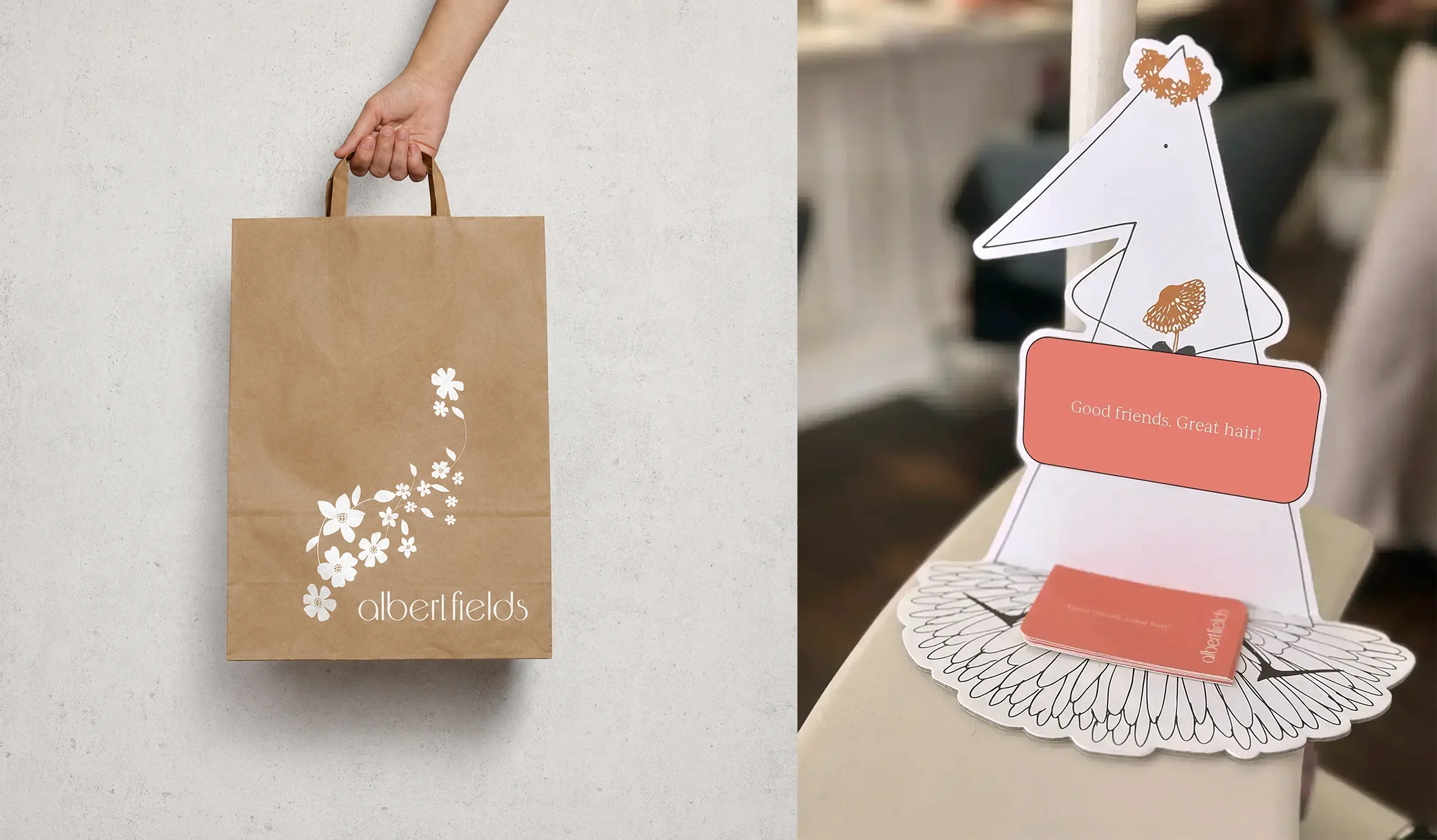 Albert Fields branded packaging and salon collateral, featuring botanical illustrations and ‘Good friends. Great hair!’ messaging.