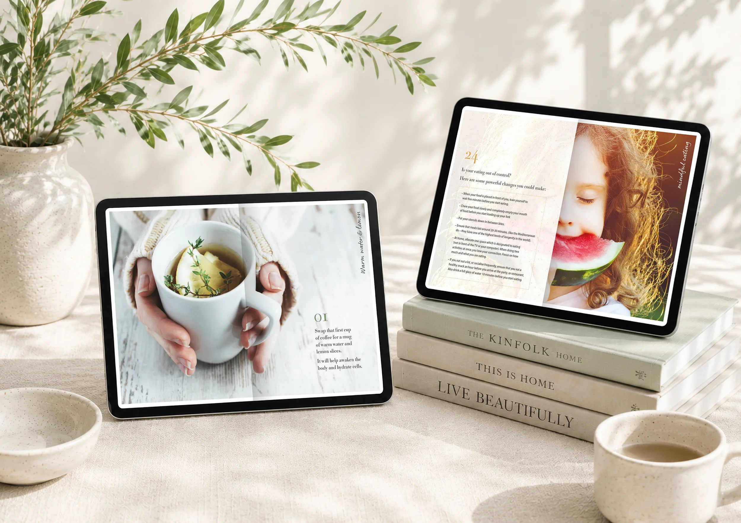 Homefield Grange health and wellbeing guide displayed on tablets, combining editorial design, lifestyle photography and wellness content.