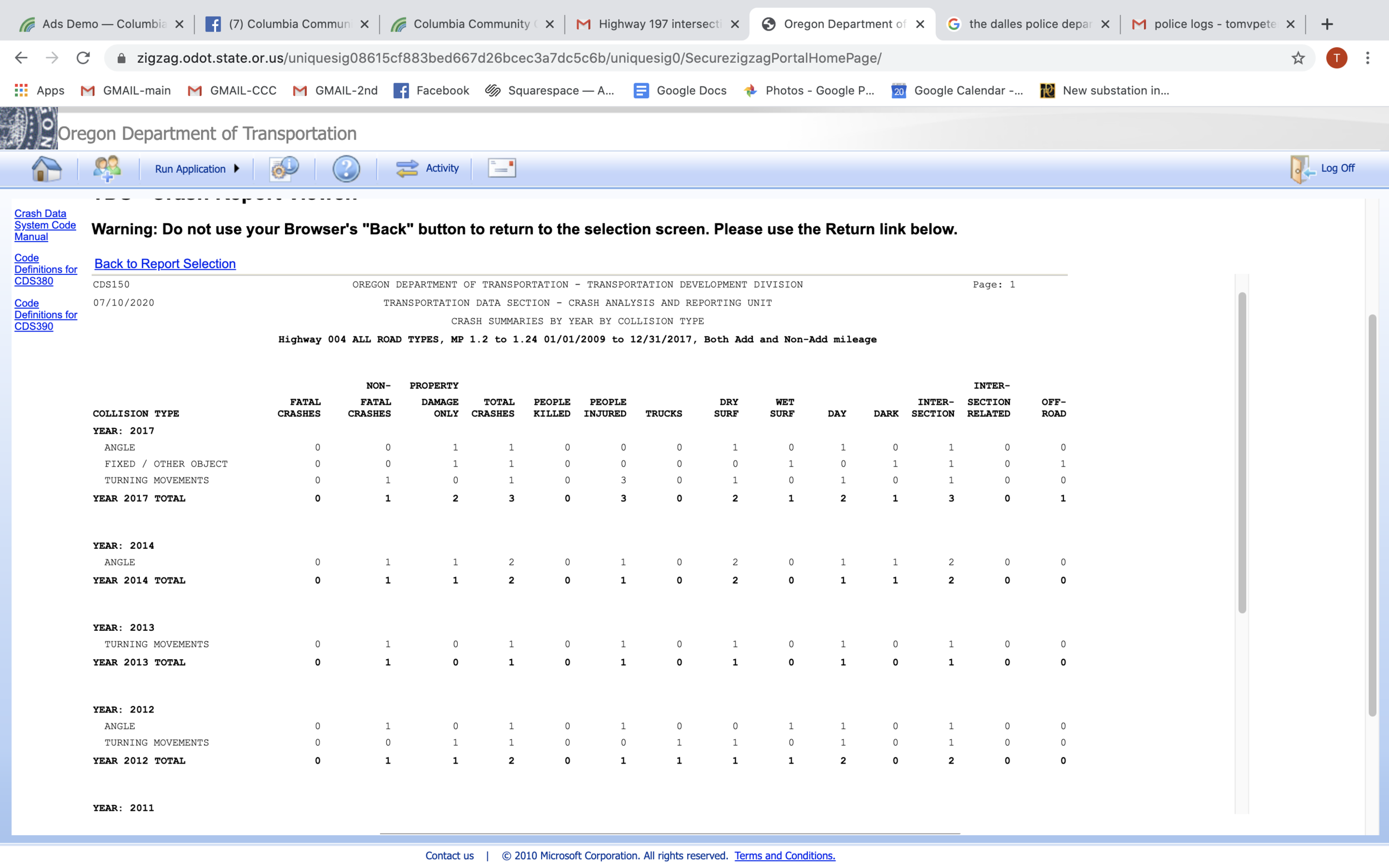 Oregon Department of Transportation crash data on Highway 197 and Freemont, Page 2.