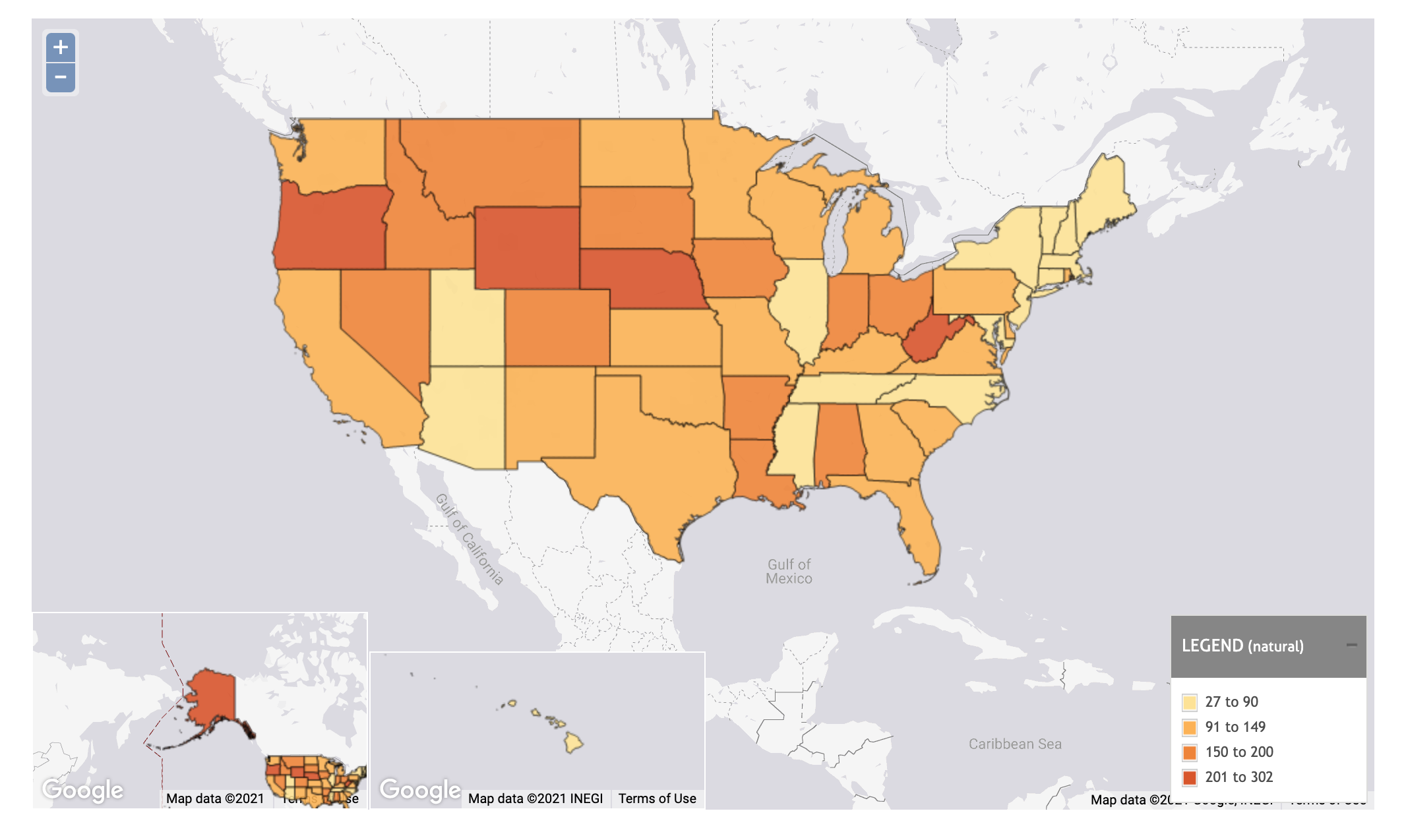 Source: KidsCount.Org Pictured: Map shows number of youth residing in juvenile detention, correctional and/or residential facilities in the United States in 2017. Year(s) 2017 Data Type Rate per 100,000