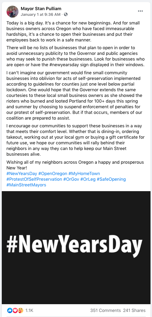 Pictured: Facebook post from Sandy Mayor Stan Pulliam on News Years Day. Source: Facebook