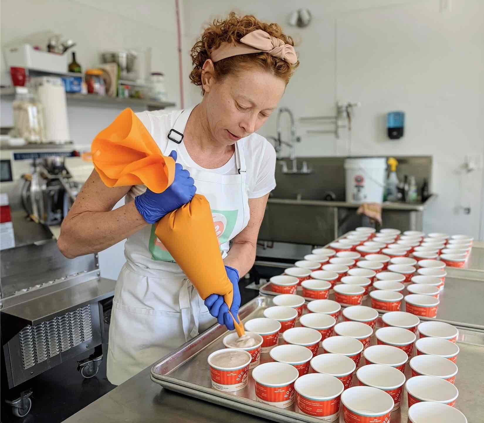 Piping the gelato into cups. 