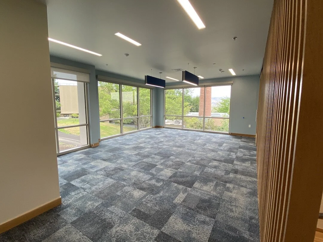 Here’s a look at the student lounge yet to be furnished. The new hall takes in some striking views of the gorge and campus.