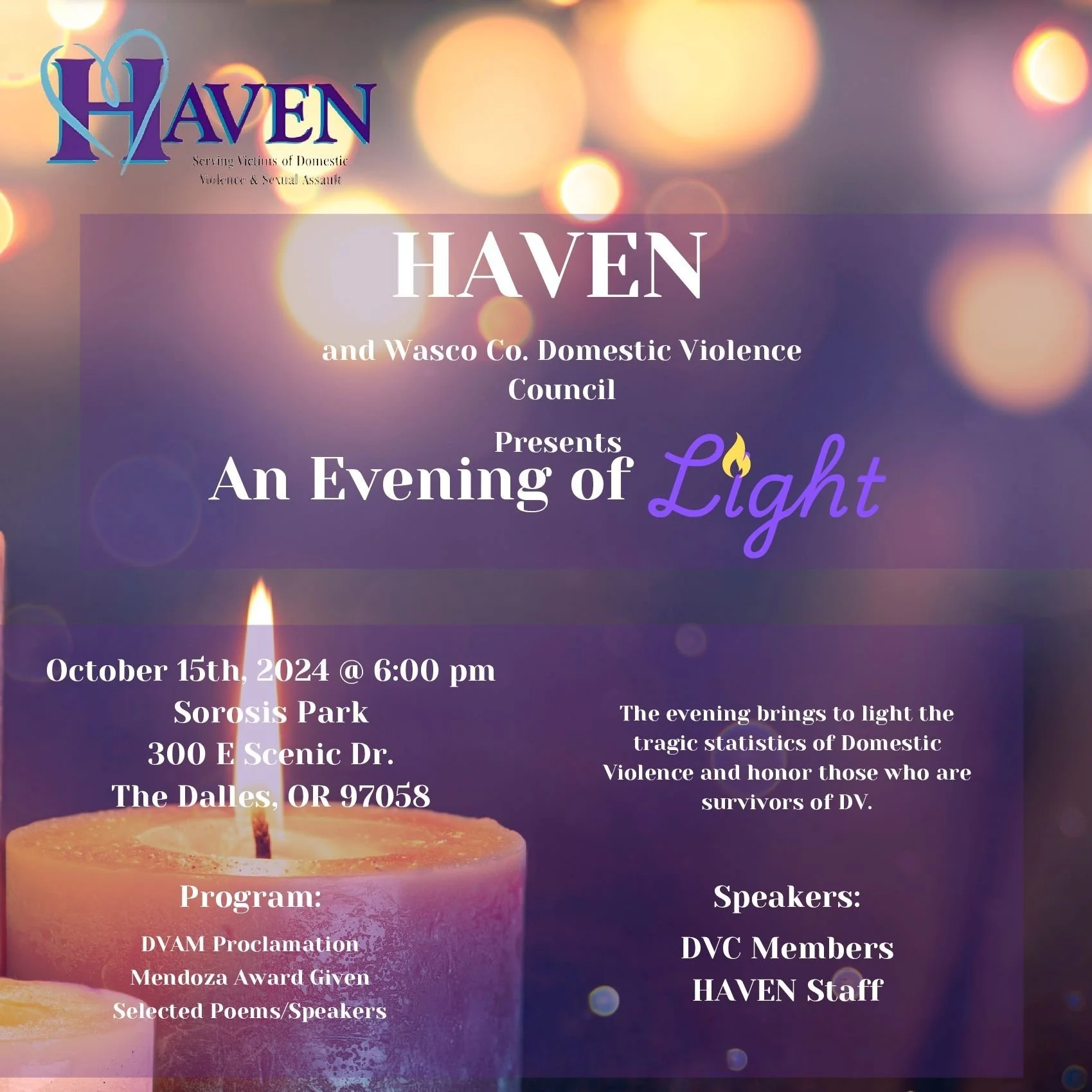 October 15: Candlelight Vigil in The Dalles to Raise Awareness for Domestic Violence