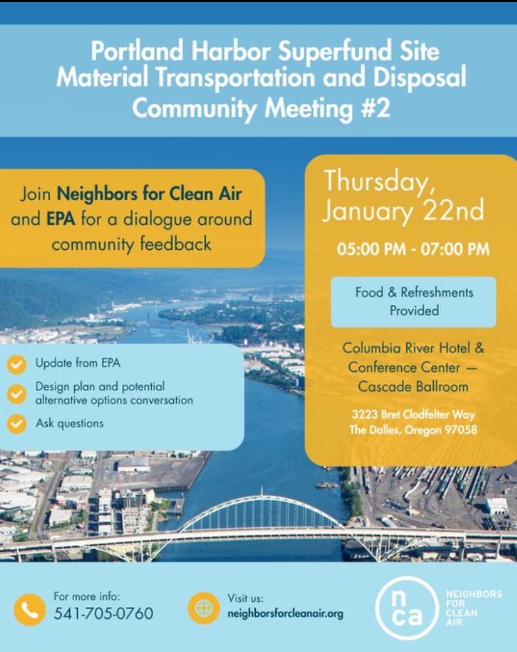 Meeting tonight, Jan 22, at 5 p.m. about hauling contaminated sediment from Portland Harbor to Wasco County