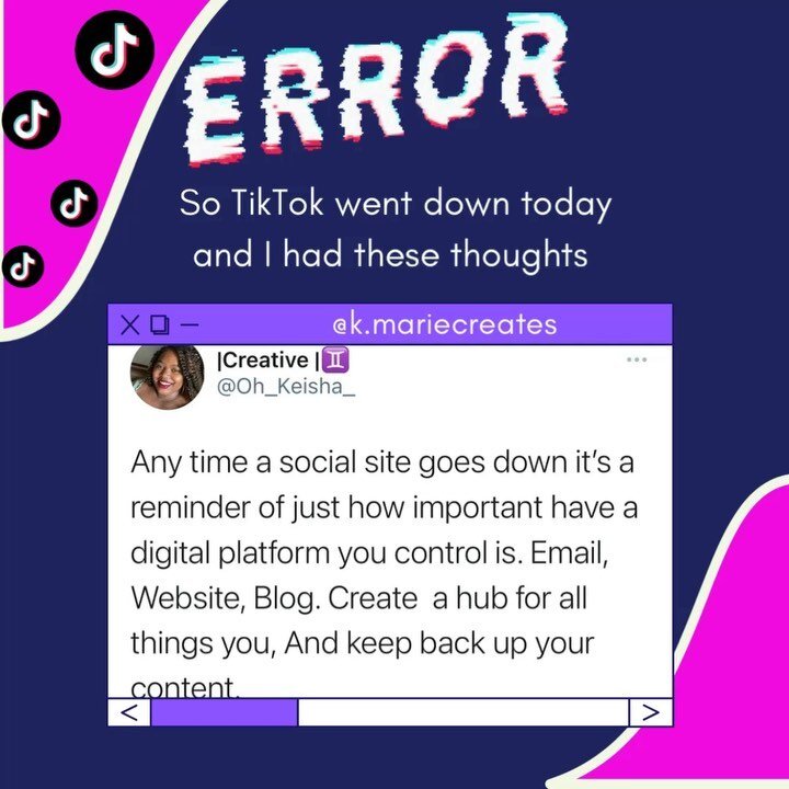 TikTok went down today and sent people into a frenzy! 

Things to always think about.
Never keep all eggs in one basket! Or in this case platform. 

This is why once you establish a following personal, service, or product. Having things like a websit