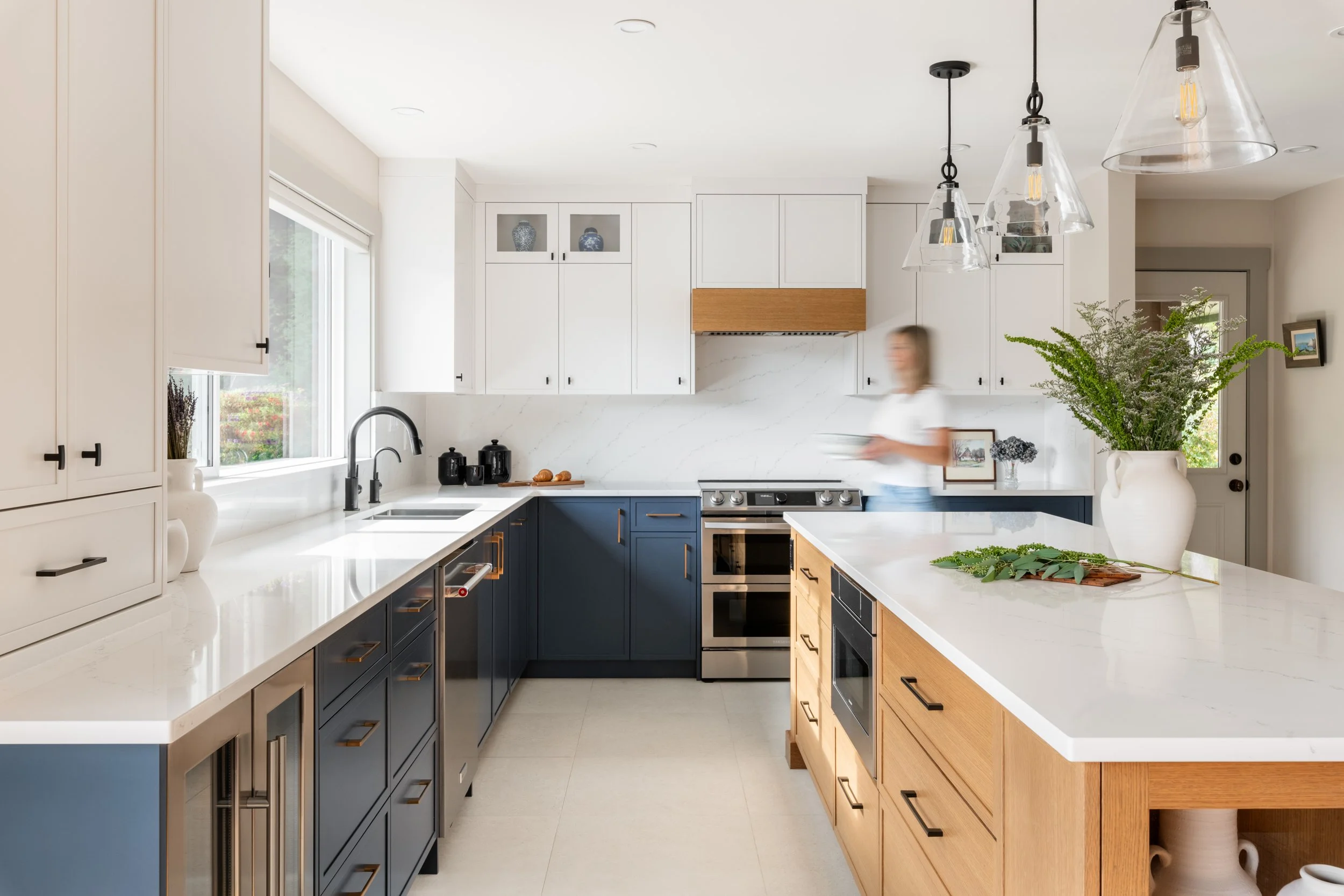 blue white and wood kitchen
