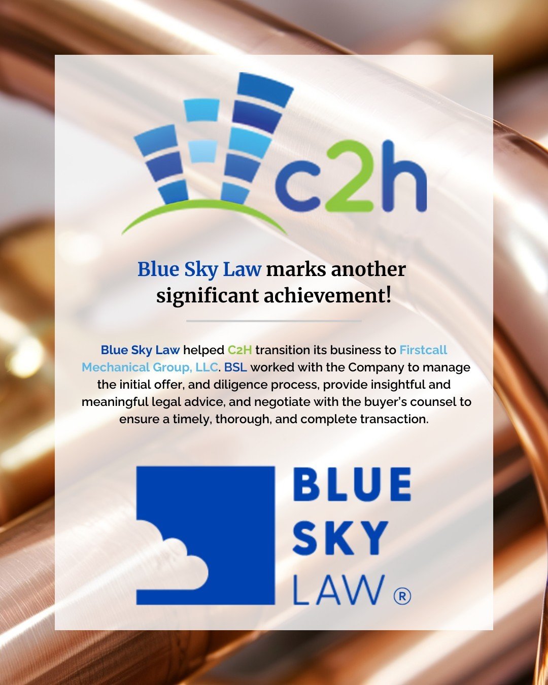 Significant achievement alert!⁠
Congratulations to C2H Air and Electric LLC, Crescent HVAC Services, LLC, and Amply Air, LLC (collectively the &quot;Company&quot;) on their successful sale on March 8th, 2024! Blue Sky Law had the privilege of guiding