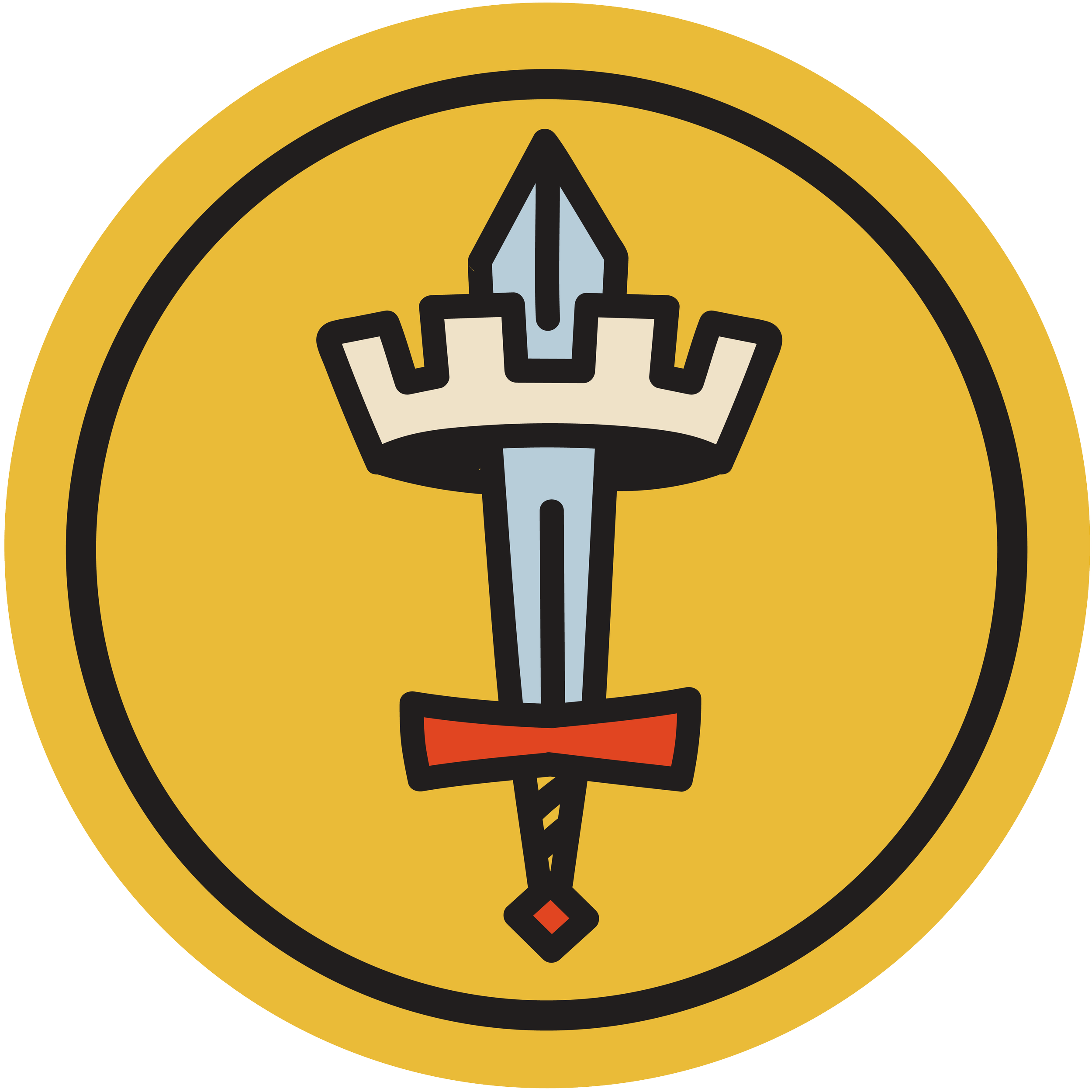 A yellow circle holds a sword that pierces a crown.