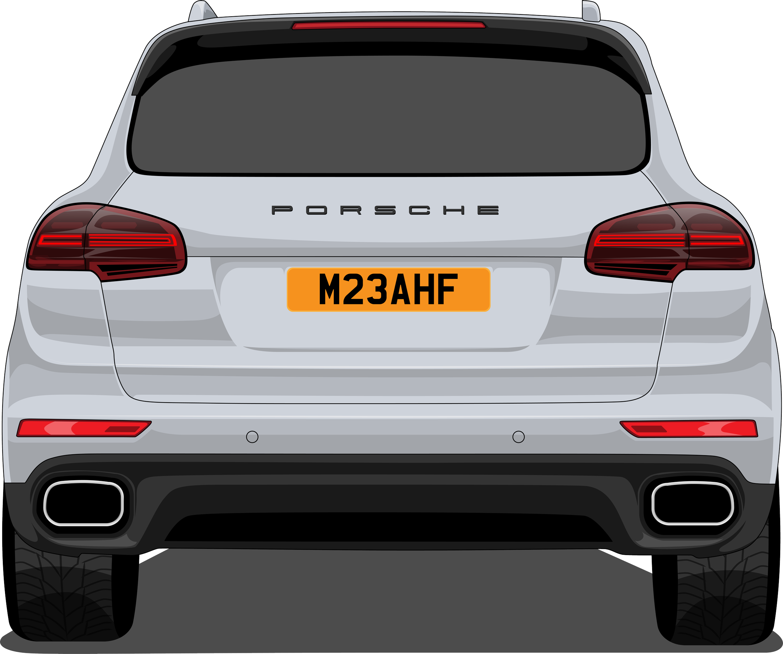Rear view illustration of a gray Porsche Cayenne SUV with a UK license plate M23AHF