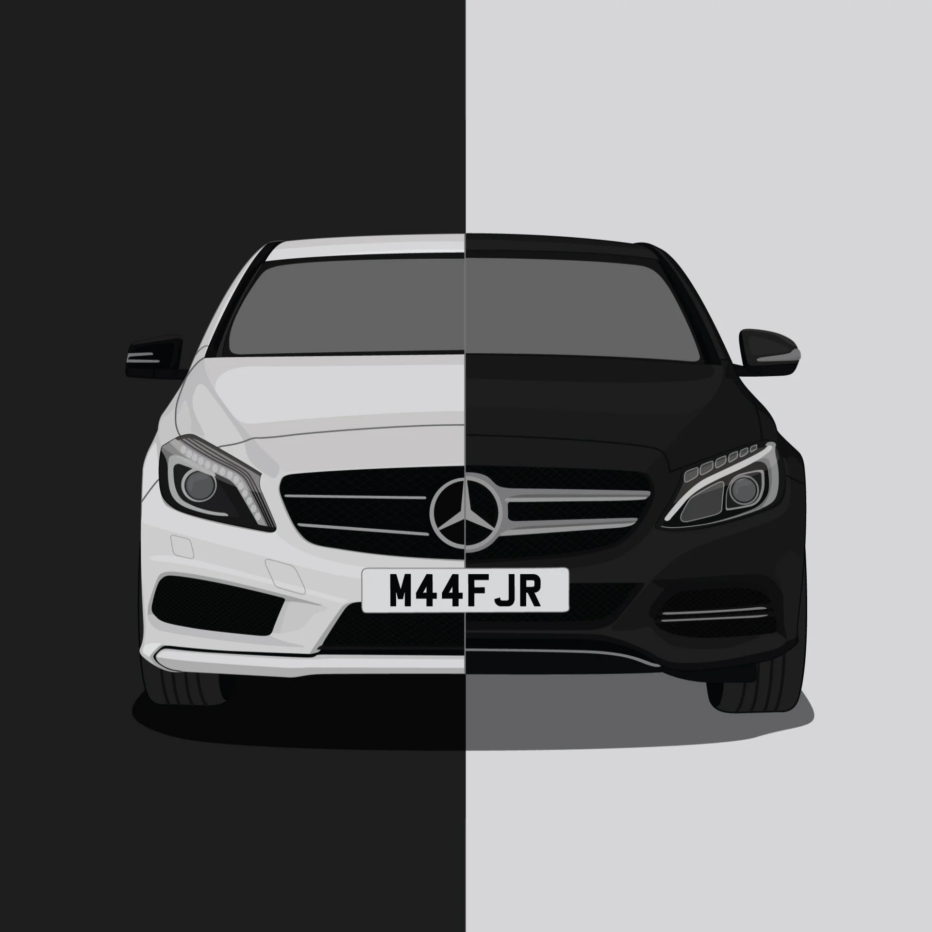 Illustration of a Mercedes-Benz car split into a white and black half against contrasting backgrounds, showing front view with license plate 'M44FJR'