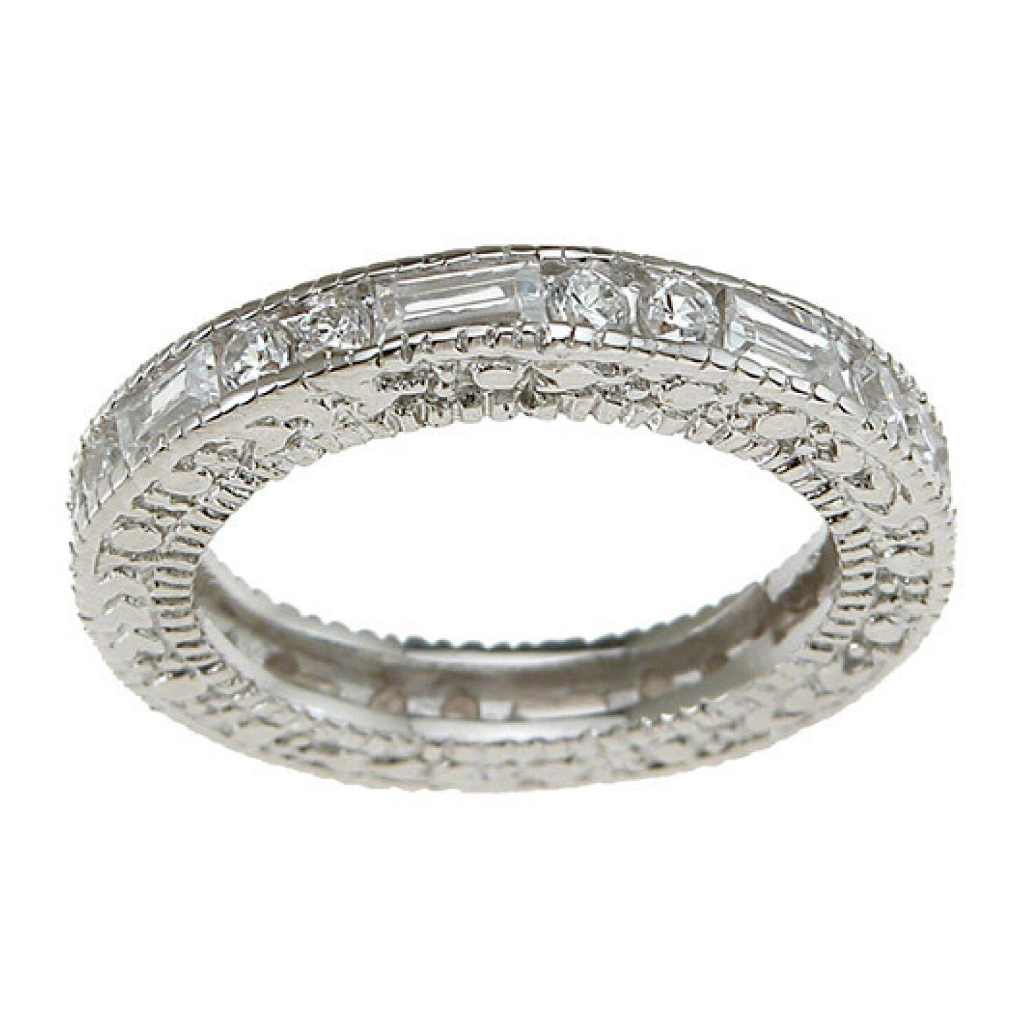 925 Sterling Silver CZ 1.5ct Brilliant &amp; Baguettes Antique Style Eternity Band