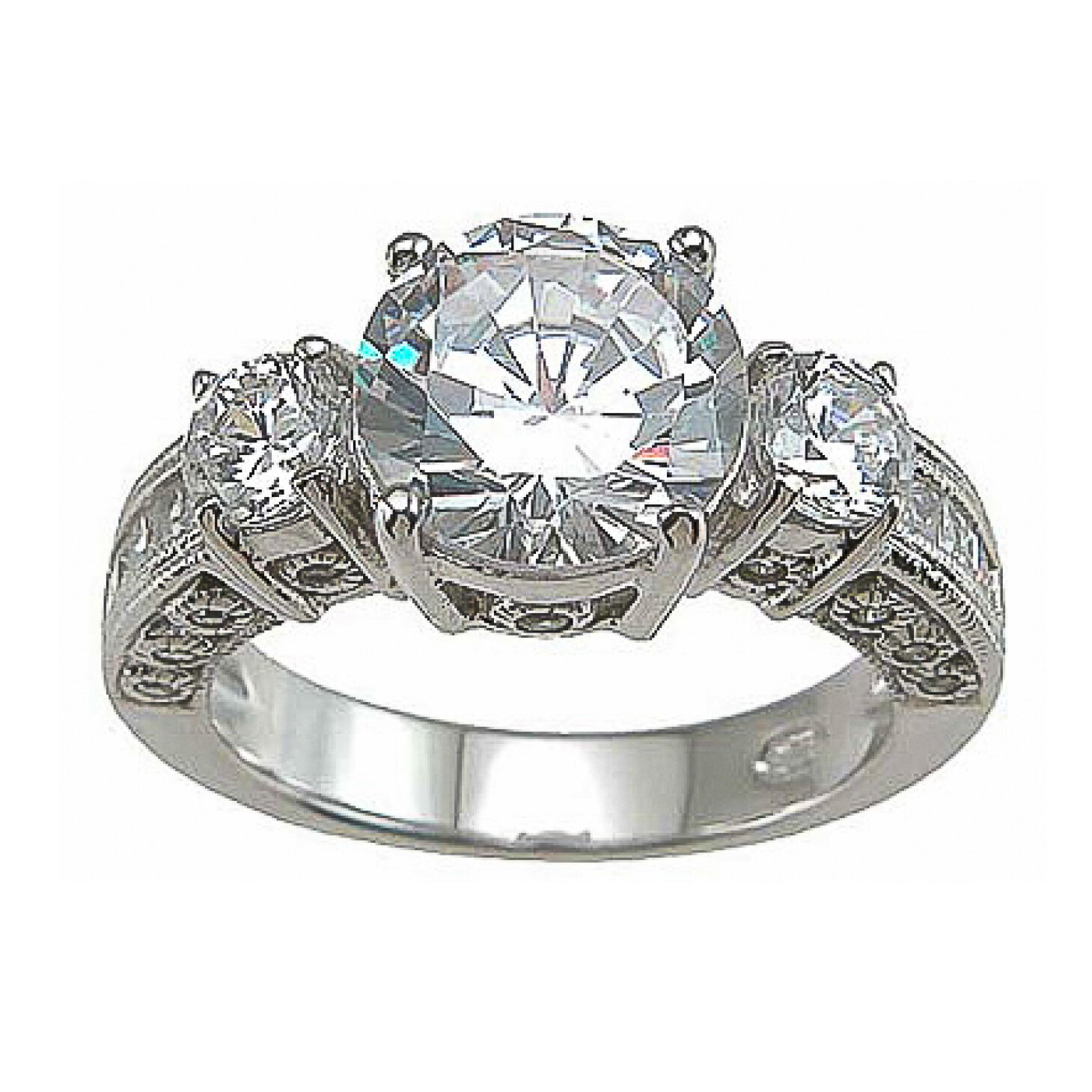 925 Sterling Silver CZ Antique Style Three Stone Wedding Ring