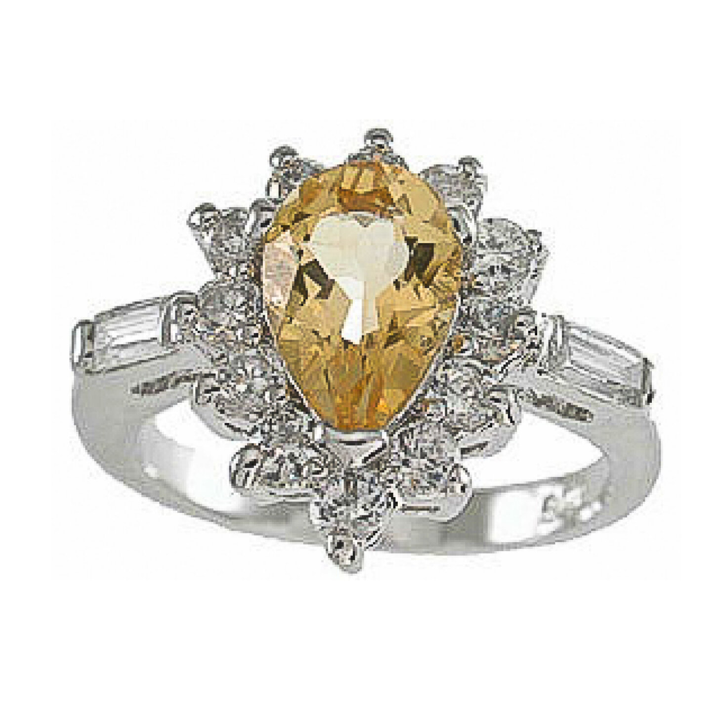 925 Sterling Silver CZ &amp; Genuine Citrine Pear Cut Fashion Ring