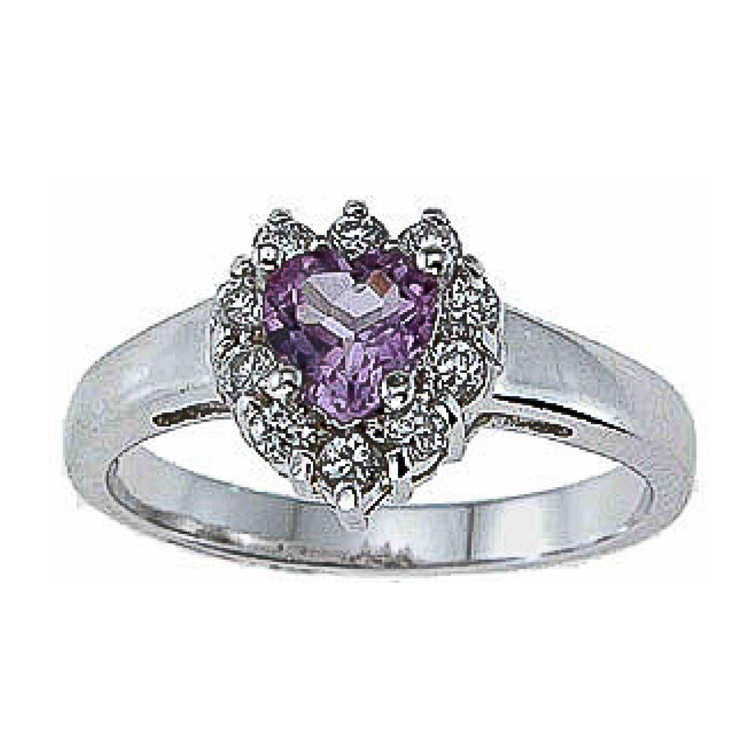 925 Sterling Silver CZ &amp; Genuine Amethyst Heart Ring