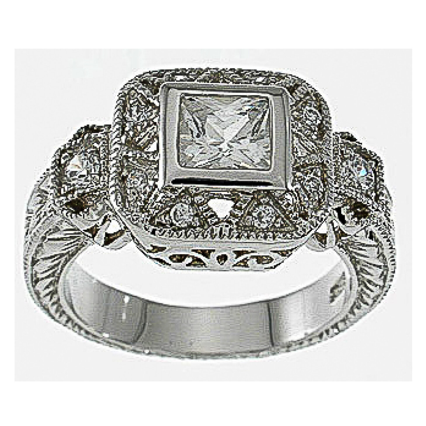 925 Sterling Silver CZ Princess Antique Style Pave Ring