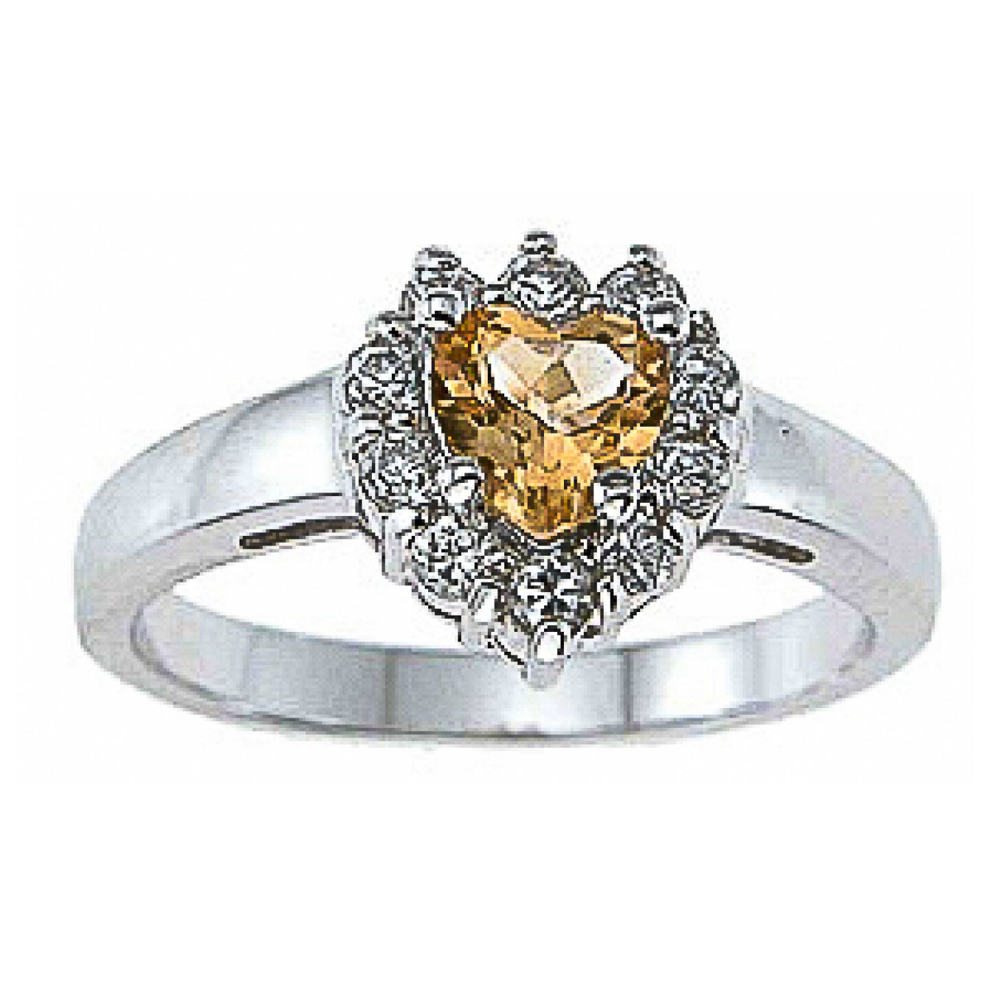  925 Sterling Silver CZ &amp; Genuine Heart Citrine Ring