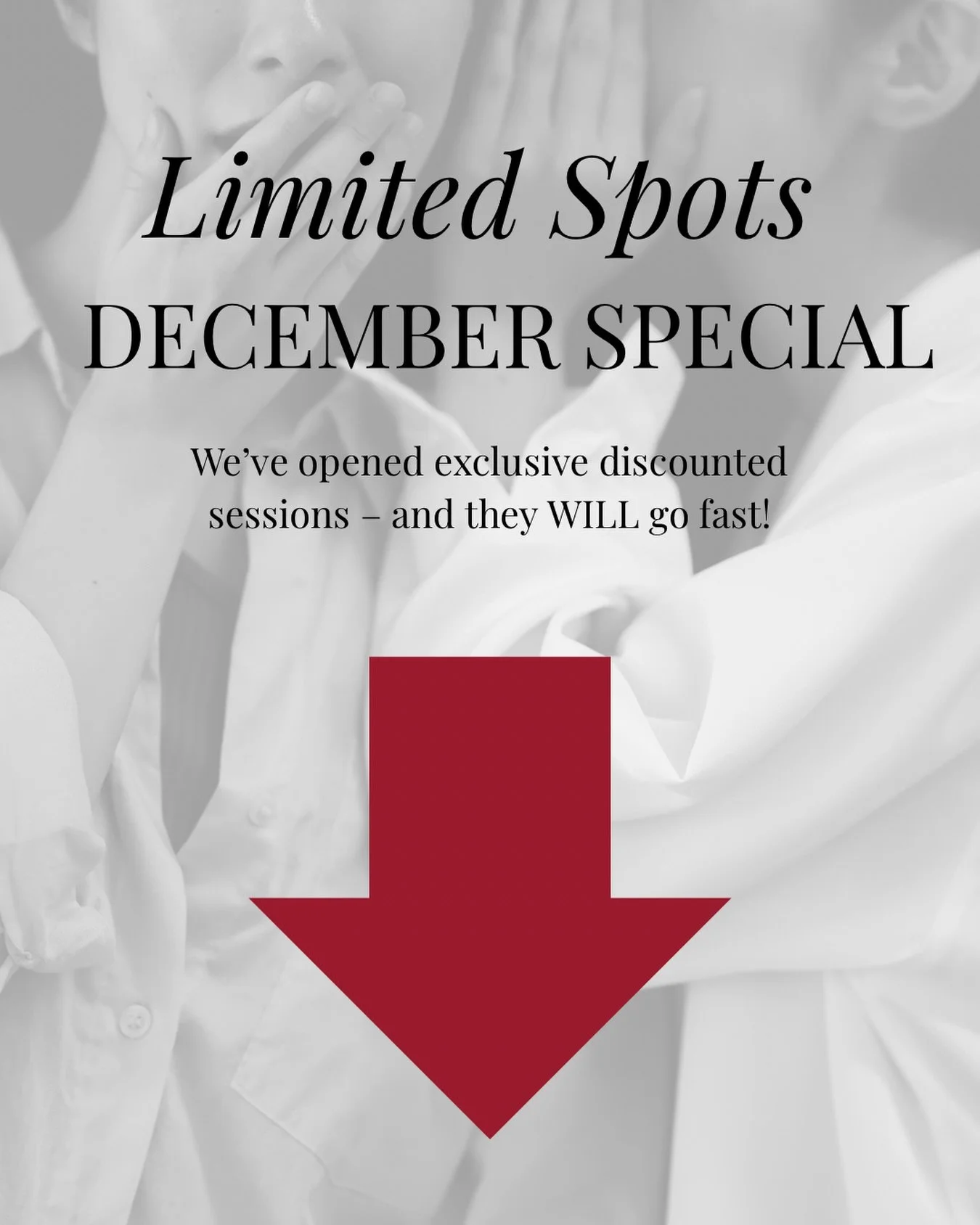 🔥 LIMITED SPOTS &ndash; DECEMBER SPECIAL! 🔥

We&rsquo;ve opened exclusive discounted sessions &ndash; and they WILL go fast!

📅 Dec 5 &ndash; 10:00 AM
📅 Dec 19 &ndash; 9:00 AM &amp; 11:00 AM
📅 Dec 20 &ndash; 10:00 AM

✨ For ONLY $49 you&rsquo;ll