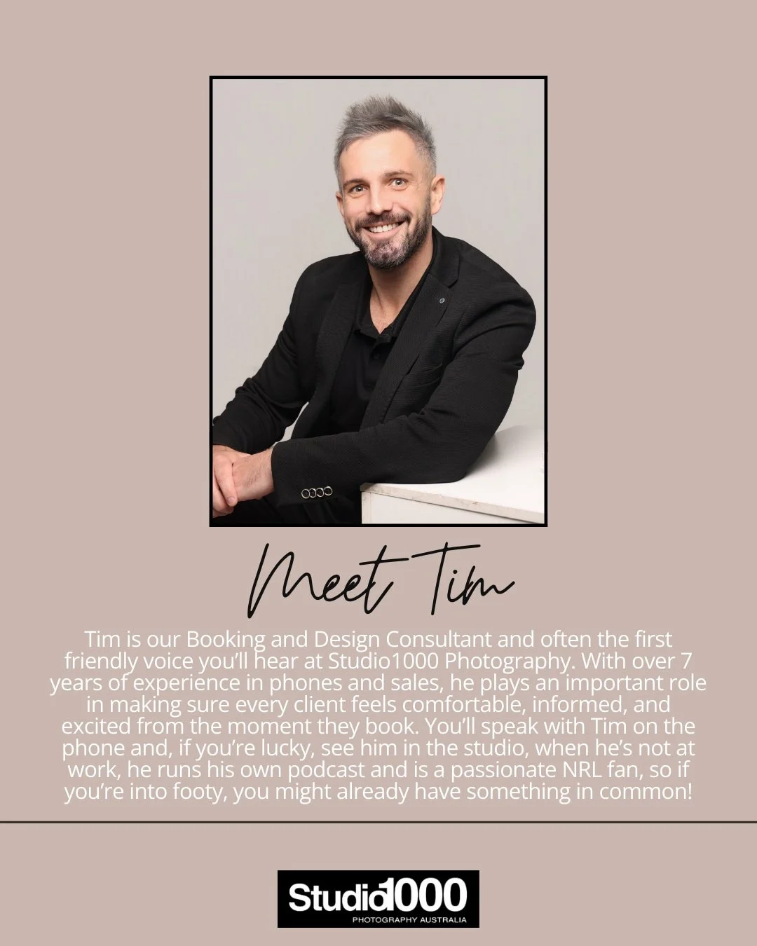 Meet Tim 👋 Our Booking &amp; Design Consultant and the first friendly voice you&rsquo;ll hear at Studio1000 Photography! 

📞✨With 7+ years in phones and sales, Tim makes sure every client feels comfy, informed, and excited from the moment they book