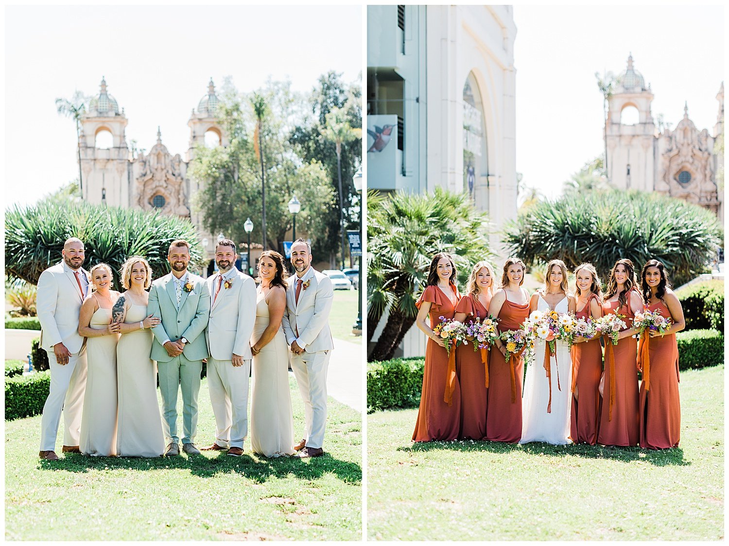 wedding party in burnt orange and sage green