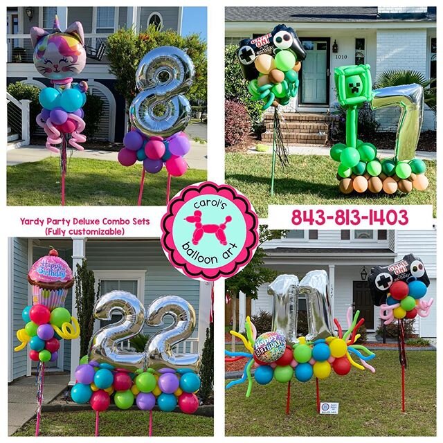 Yardy Party Combo sets - fully customizable! One birthday Yardy Party pole plus birthday number or numbers on a variety of displays!  See other photos of other options. #justcallcarol #carolsballoonart #balloonartist#charlestonsc #birthdayparty#yarda