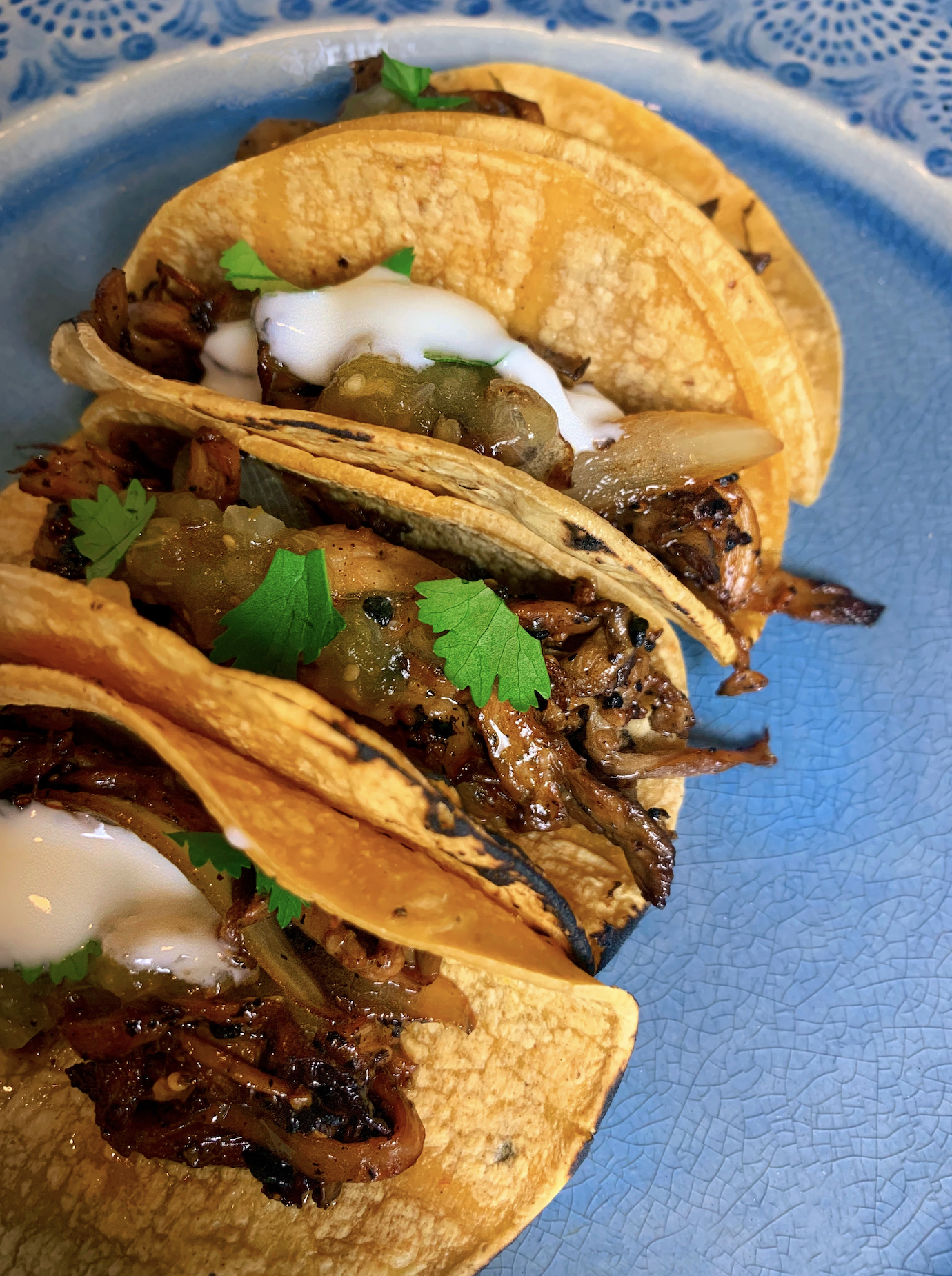 Oyster mushroom “carnitas” tacos with salsa verde and lime (vegan, gluten-free)