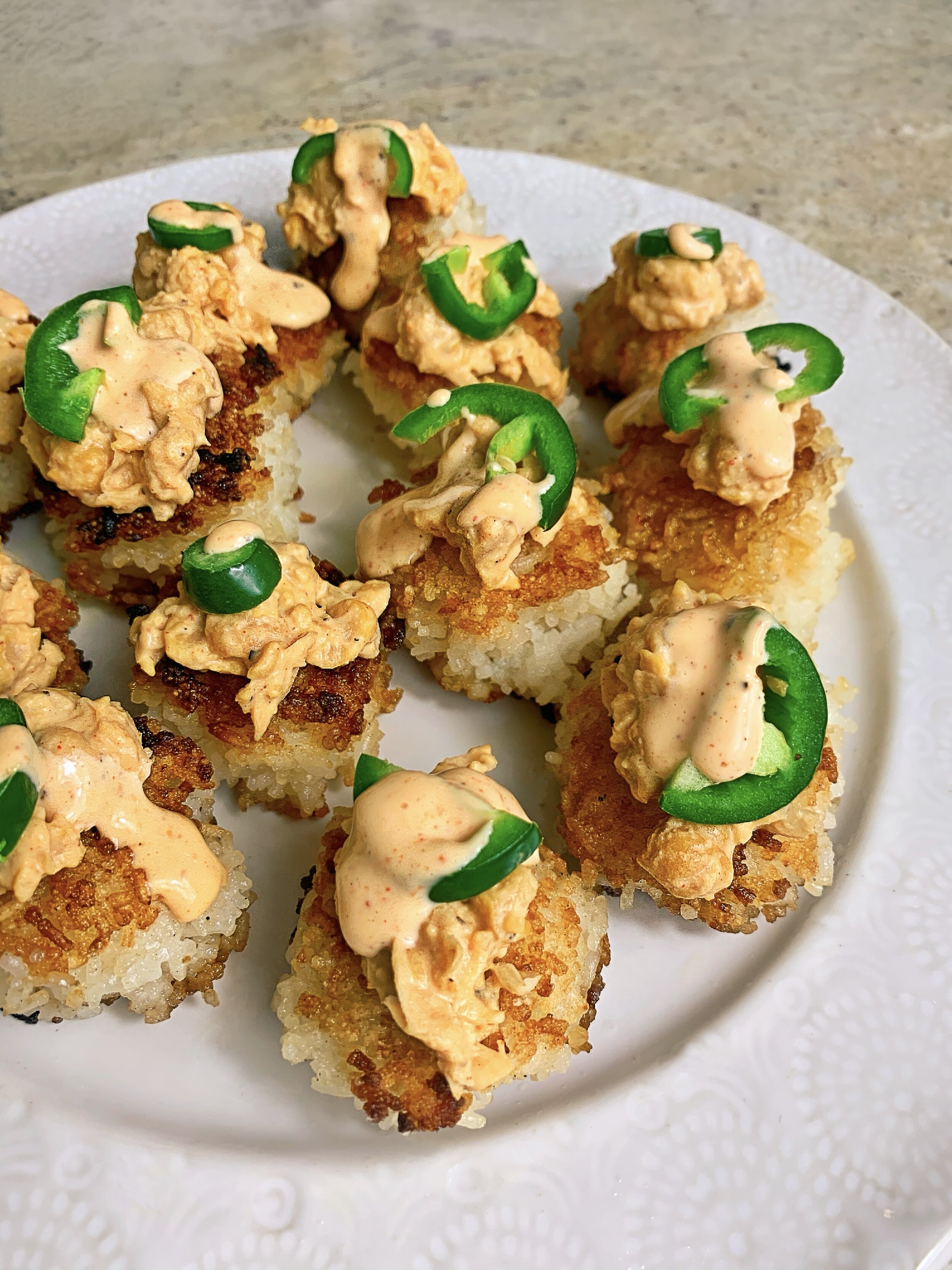 Crispy rice with spicy chickpea “crab” (vegan, gluten-free)