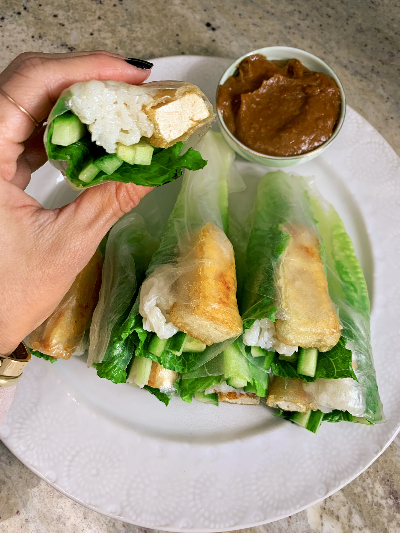 Crispy tofu spring rolls with a peanut sauce (vegan, gluten-free)
