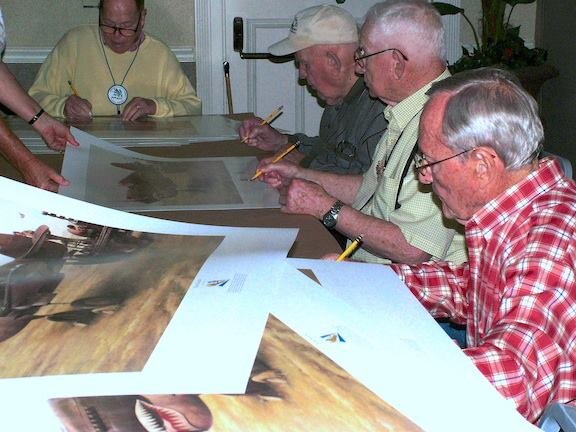  Autographing “Shark Sighting”- 2007 was the last time the AVG would sign a print together as a good-sized group, in Charleston, SC. Frank is in the foreground, next to fellow AVG 3rd Sqn ground crew Chuck Baisden and Joe Poshefko. 2nd Sq pilot Peter