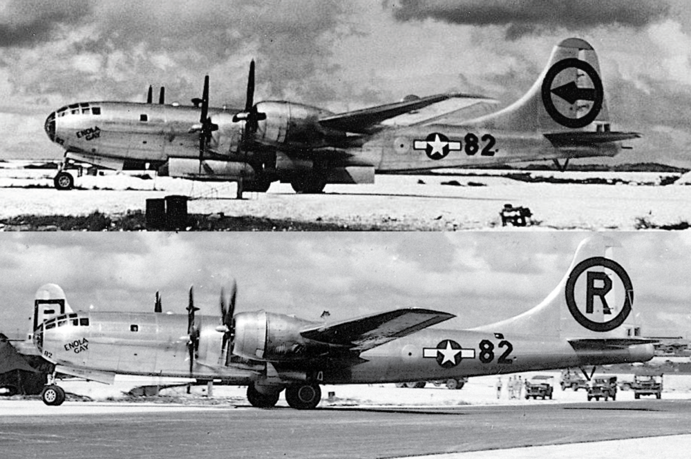  There are quite a number of photos of the Enola Gay out there, and at this beginning research phase, I was curious as to why the markings on the plane’s rudder differed. Not just the Enola Gay, but many of the other Silverplate bombers as well. I wa