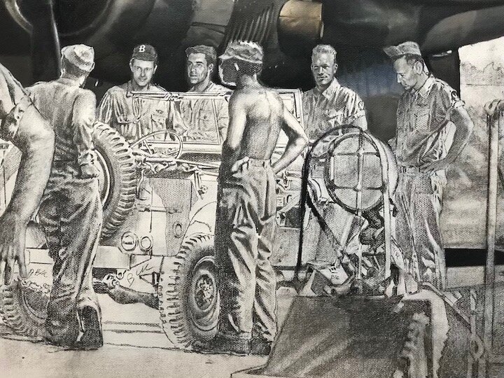  I decided to place the four Enola Gay crewmen in a conversation with other ground personnel. Many of the photos &amp; film of that time show Jeeps and other vehicles, so it seemed a good fit. 