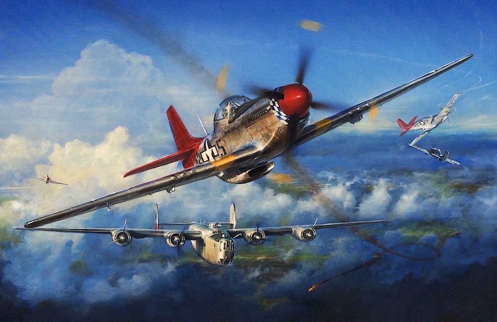  Red Tail Angels  In 1997, I completed the painting “Red Tail Angels”, depicting Mustangs of the 99th Fighter Squadron protecting a crippled Liberator from the 459th Bomb Group which was straggling behind. The painting illustration was done in mixed 