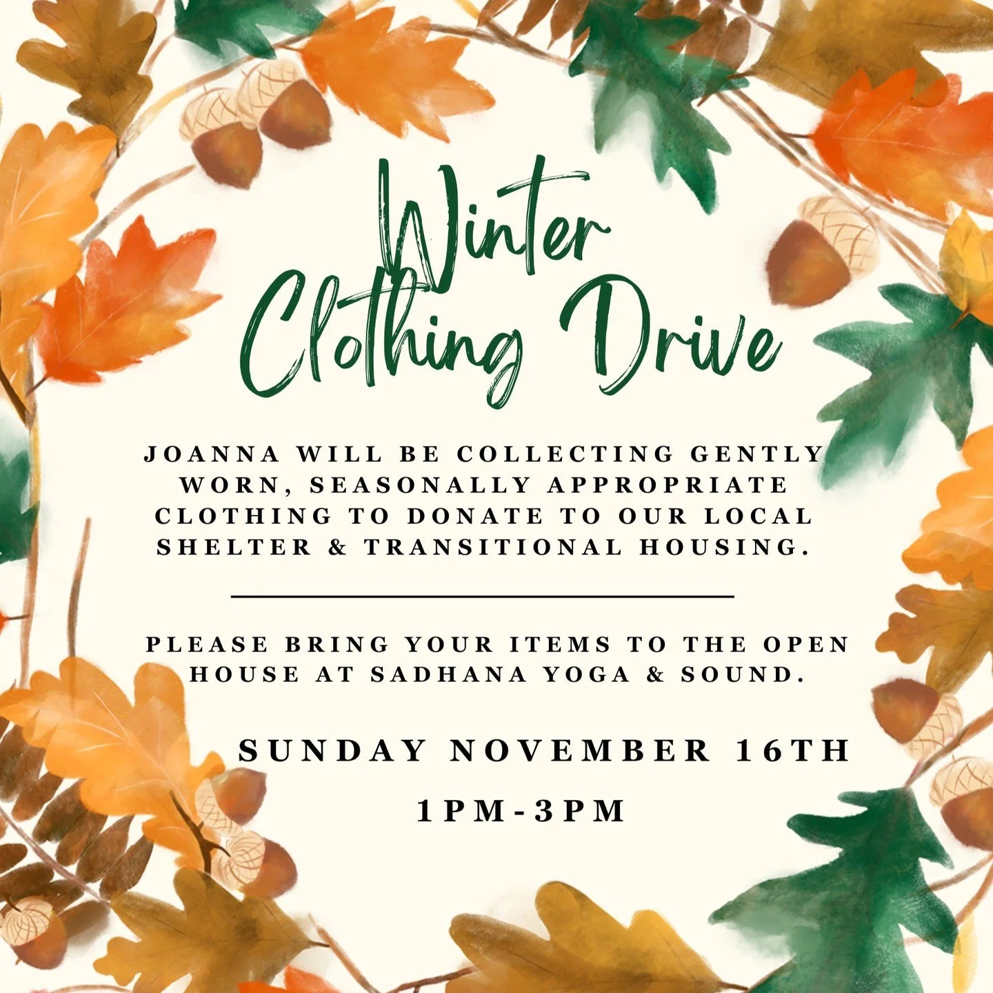 ✨Annual Winter Clothing Drive ✨
All seasonally appropriate donations are hugely appreciated. Last year, they were extremely short on blankets, so it would be wonderful to help them out with those this year!
Please bring your items to @sadhanayogaands