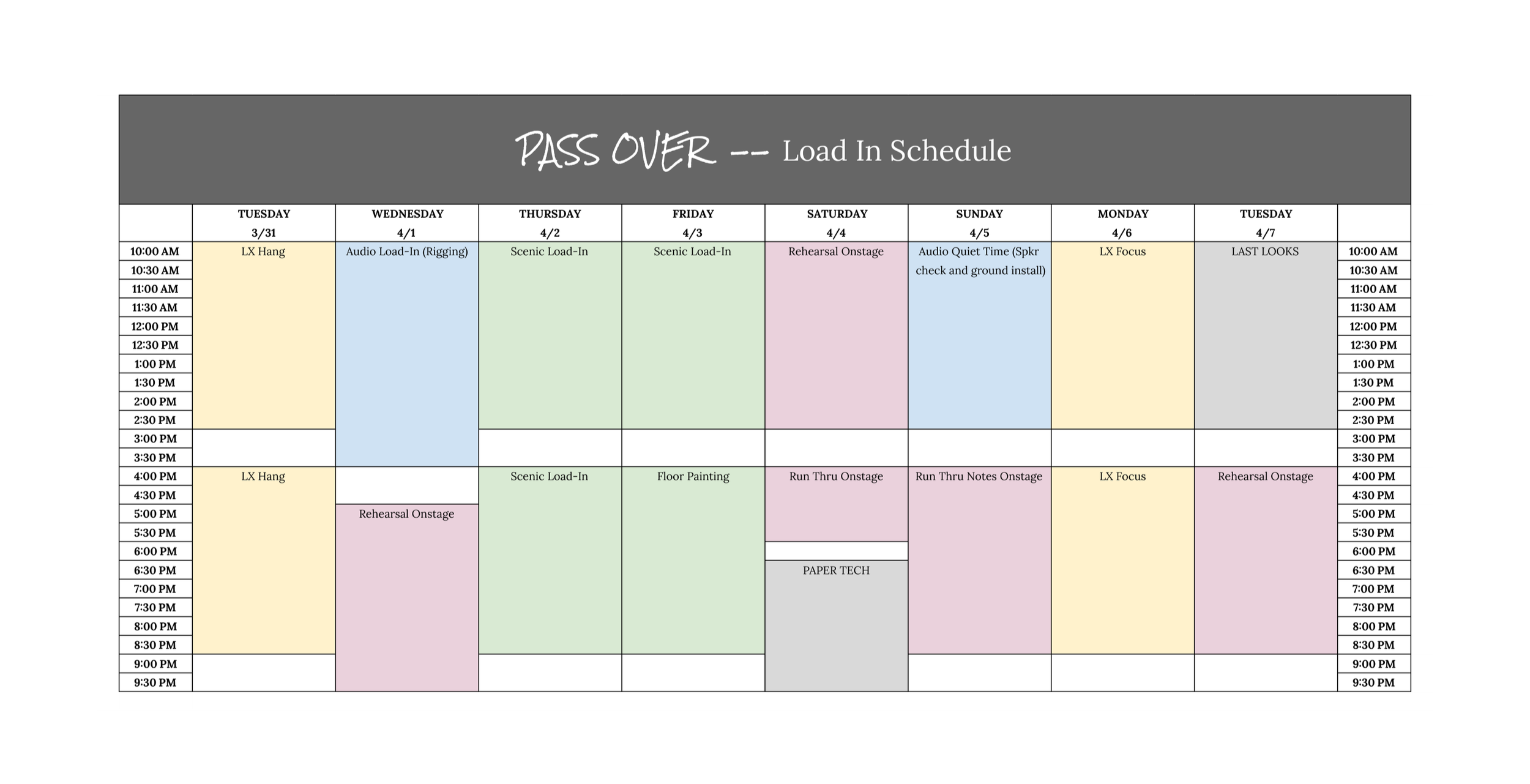 Mock Load-In Schedule for Class Assignment