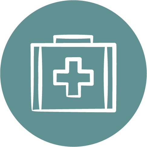 White line icon of a medical kit with a cross on a teal circle, representing over 30,000 patients served across five health facility locations in Uganda
