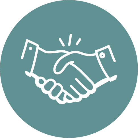 White line icon of a handshake on a teal circle, representing more than 250 people from the United States introduced to relationships in Uganda"